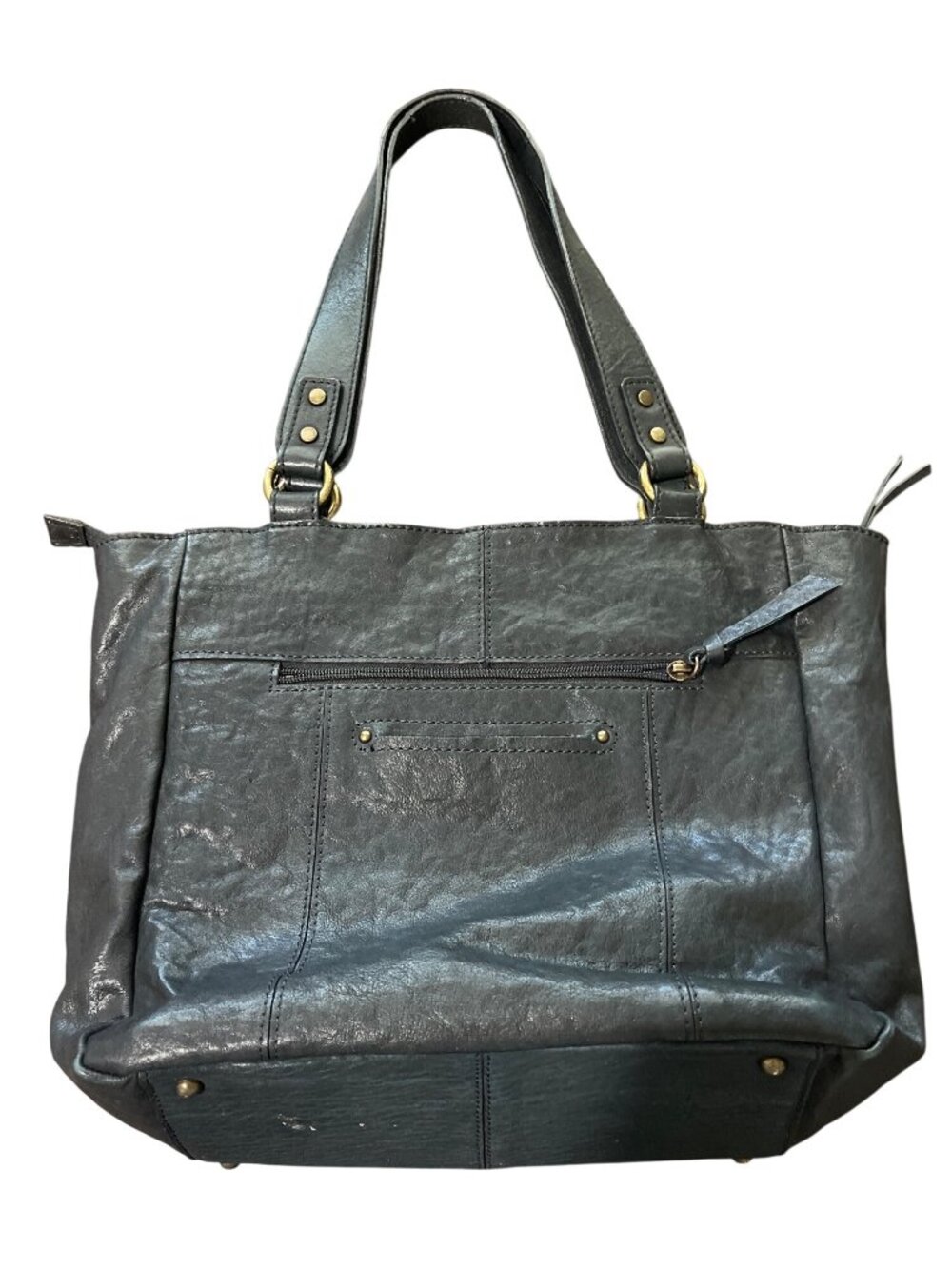 Nino Bossi Black Leather Tote Bag With Woven Front Pocket & Brass Accents - Picture 2 of 8